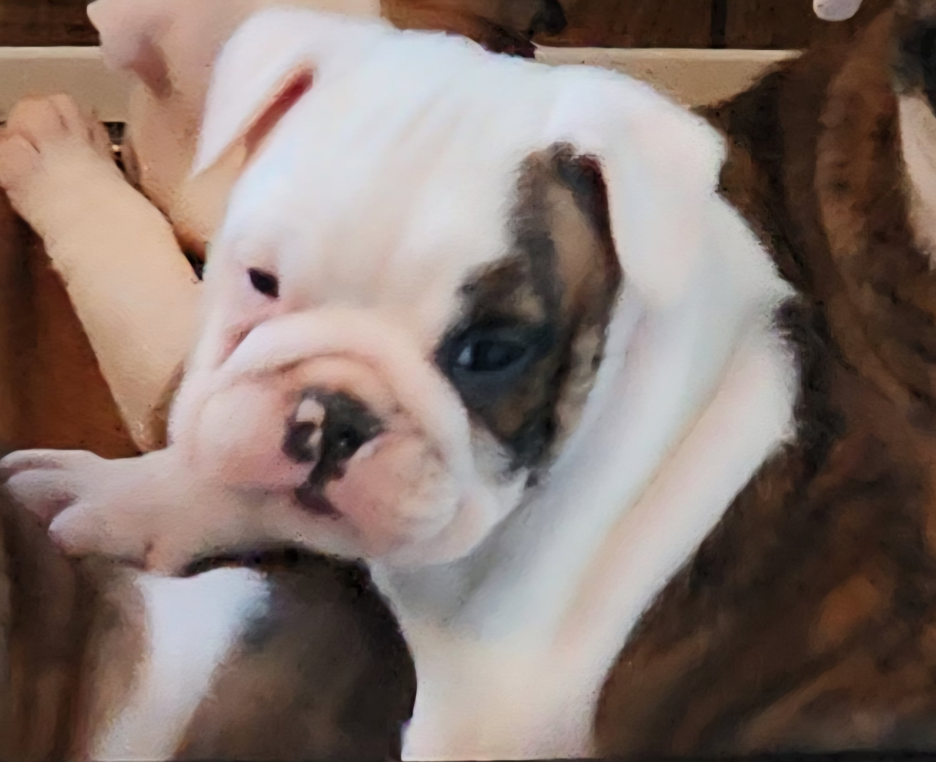 Freddie — a red brindle and white male English Bulldog puppy at Smooch-A-Bulls